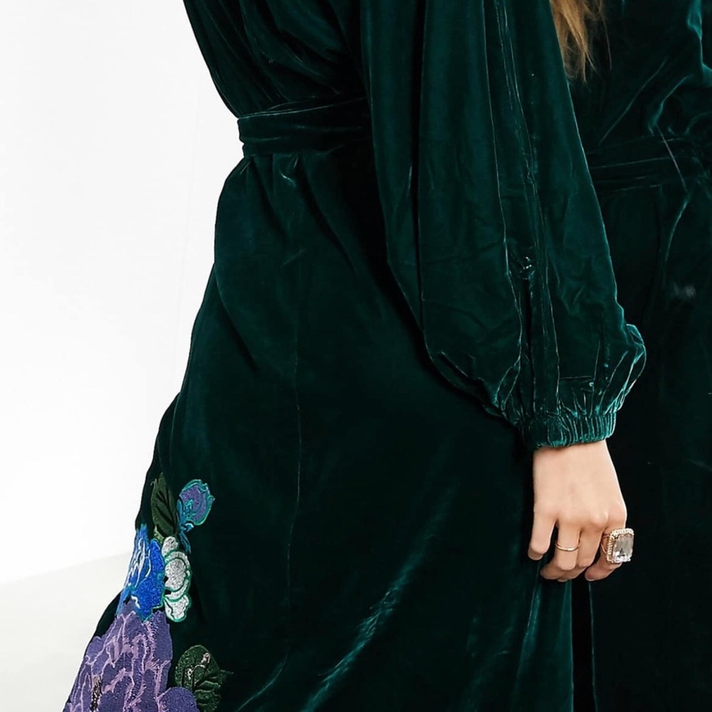 ASOS Dark Green Velvet Dress with Floral Detail
